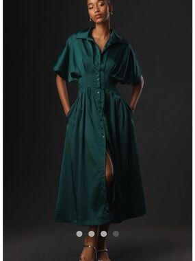 Satin Forest Green Button-Front Maxi Dress